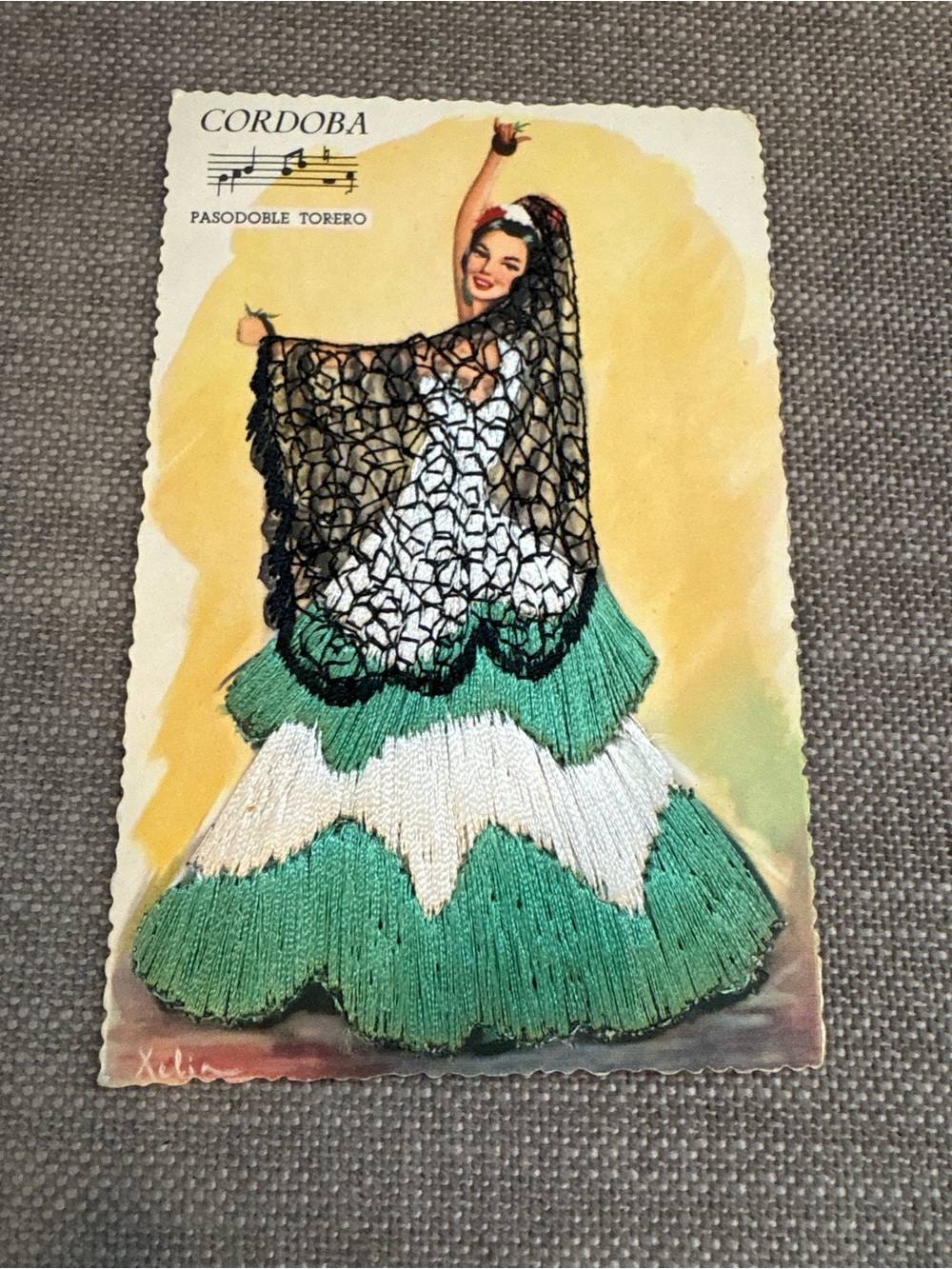 Vintage Flamenco Dancer Silk Embroidered Spanish Dress Paper Ephemera Postcard